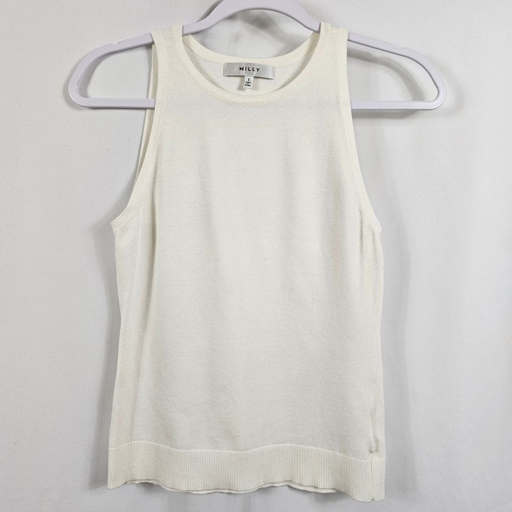 Milly Sleeveless Knit Crew Neck Tank in White - Size S